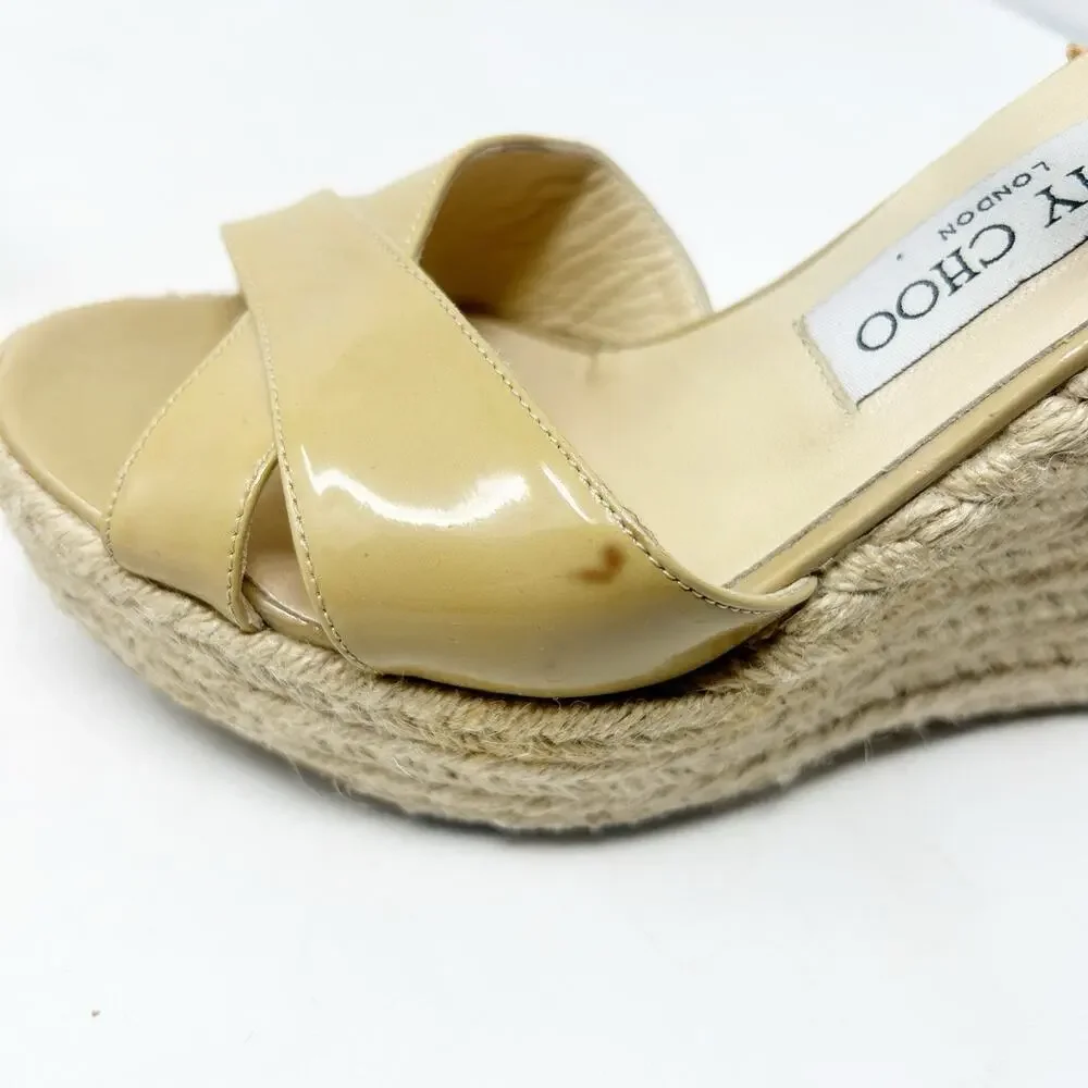 Jimmy Choo Phoenix Nude Patent Leather Espadrille Platform Wedge Sandals 37 (7) - Picture 8 of 8